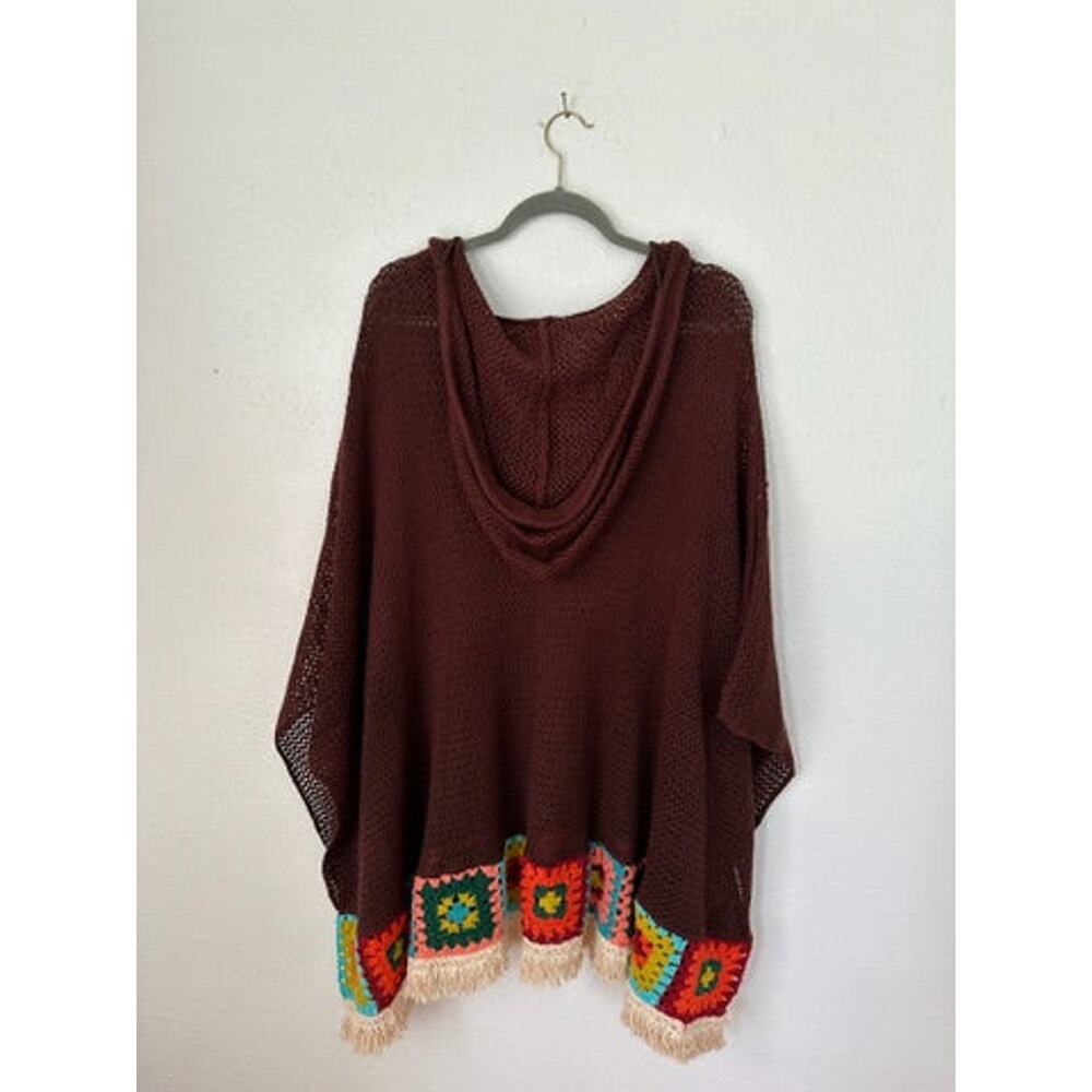 Judith March Brown Granny Square Hem  Hooded Crochet Poncho Free Size Festival - Picture 6 of 6